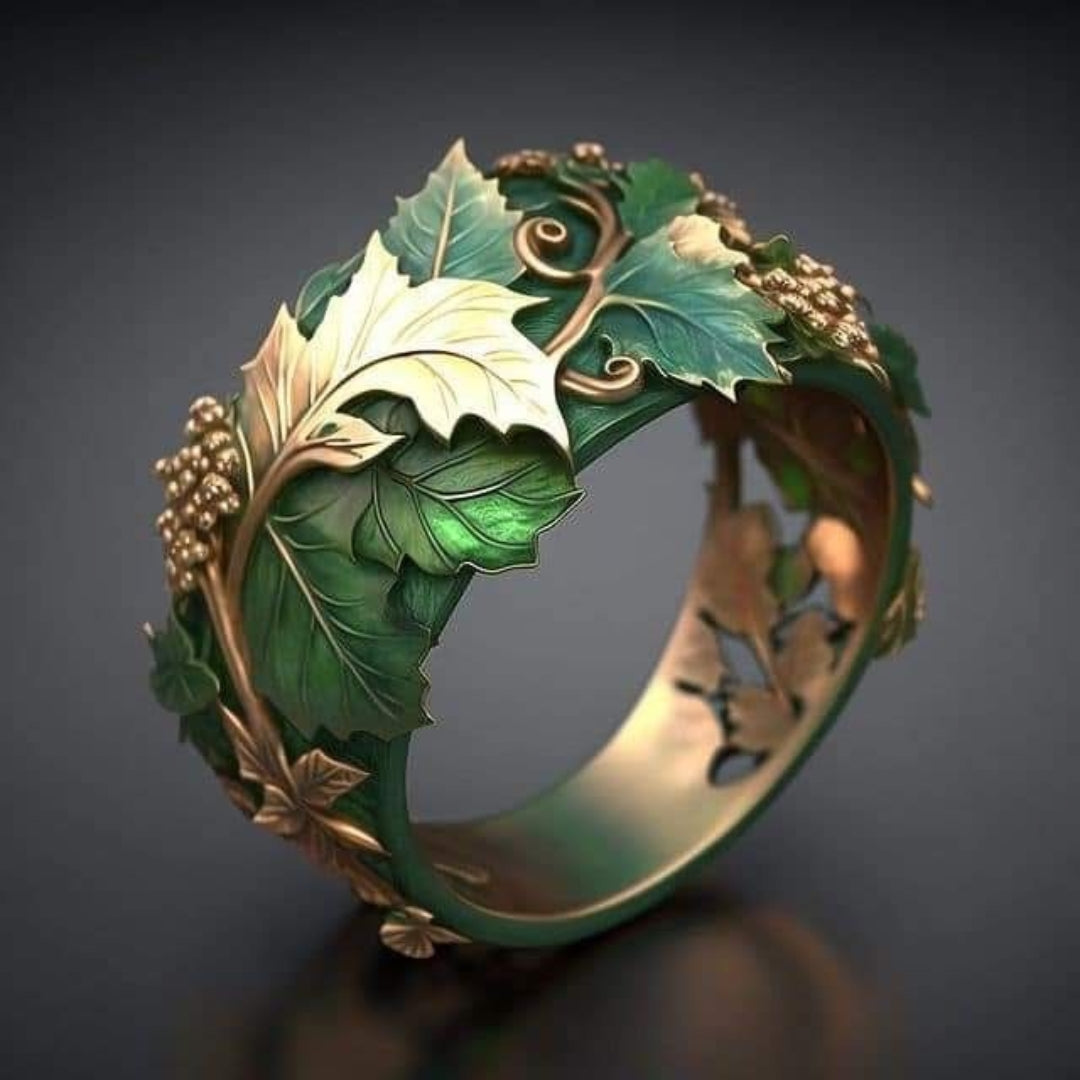 Exotic Green Leaf and Gold-Tone Ring