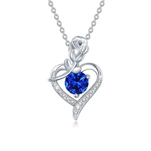 Sapphire Rose Heart Necklace | White Gold-Tone