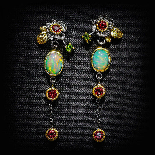 Vintage Earrings with Blue Opal and Red Crystals in Gold-Tone