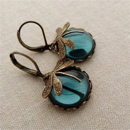 Vintage Antique Golden Dragonfly Earrings with Crystal