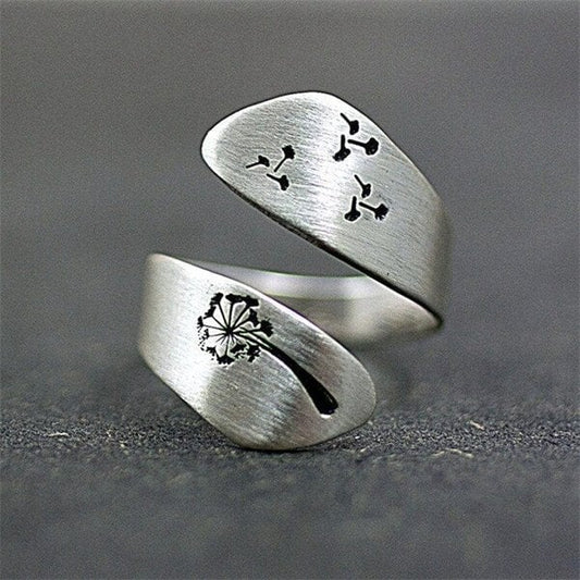 Hand-carved adjustable dandelion ring
