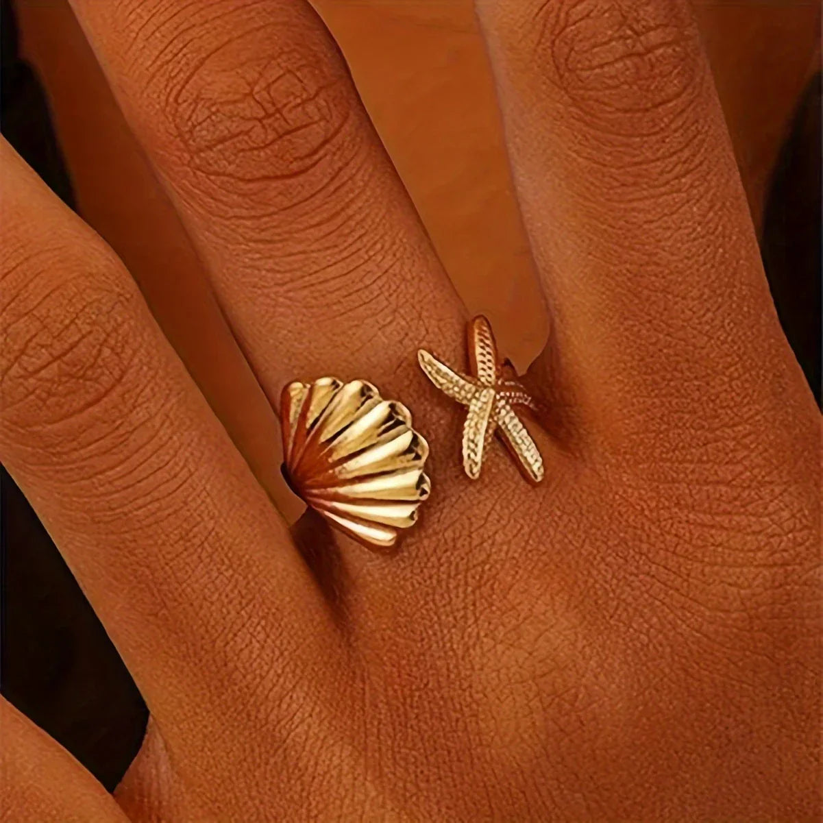 Elegant Gold-Tone Ring with Starfish and Shell
