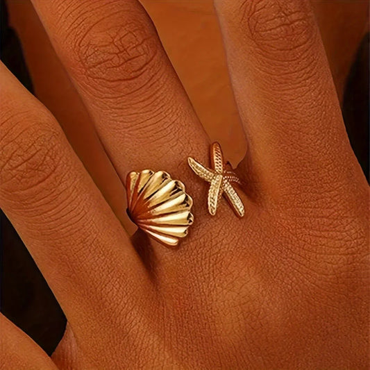Elegant Gold-Tone Ring with Starfish and Shell
