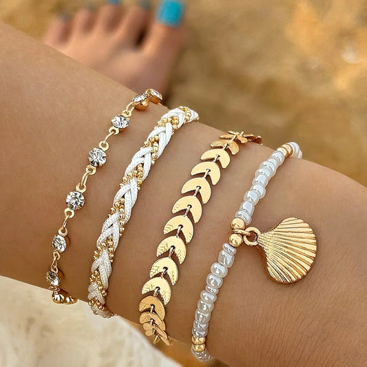 Set of 4 Elegant Bracelets with Gold-Tone Shell