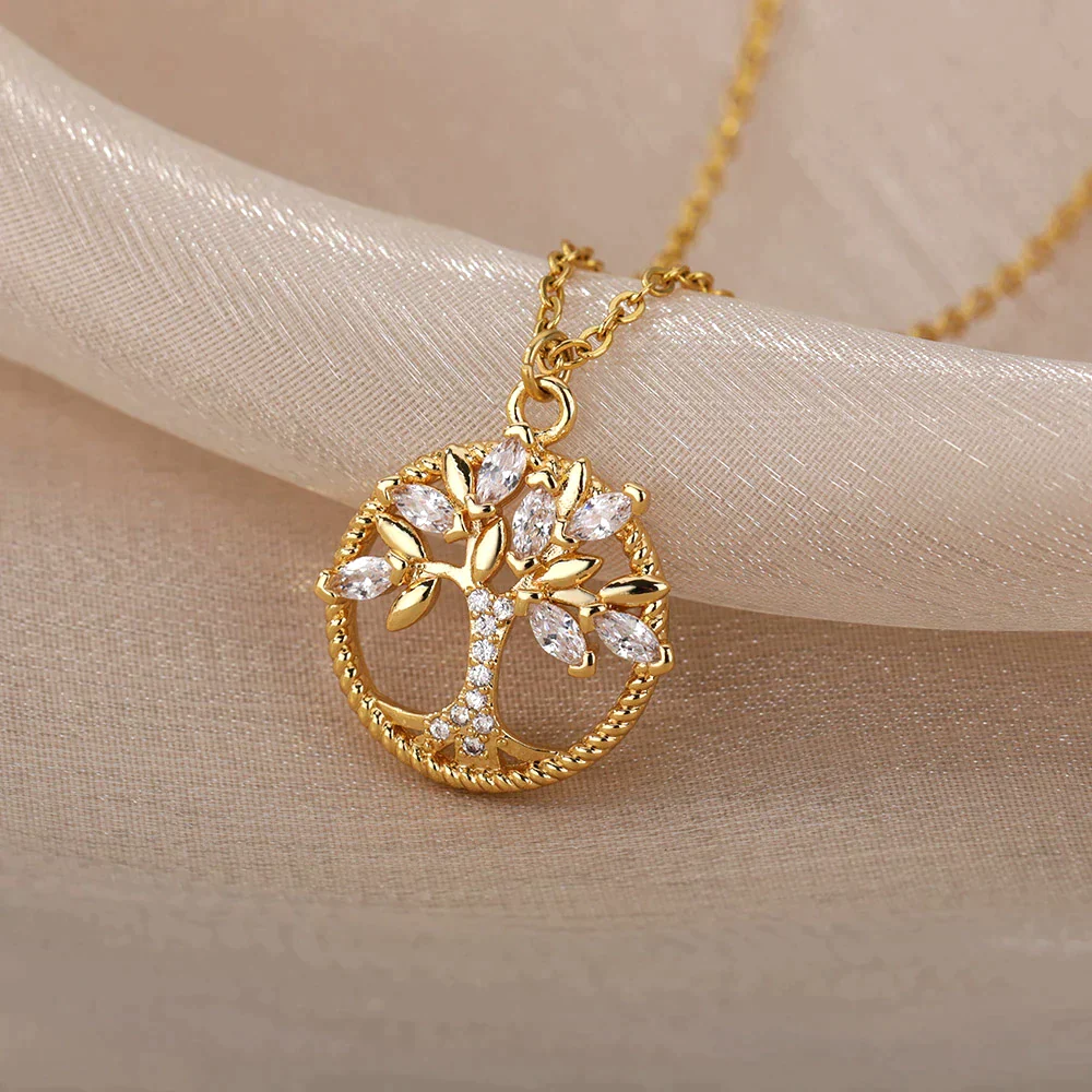 Gold-Tone Tree of Life Necklace with Zirconia Accents