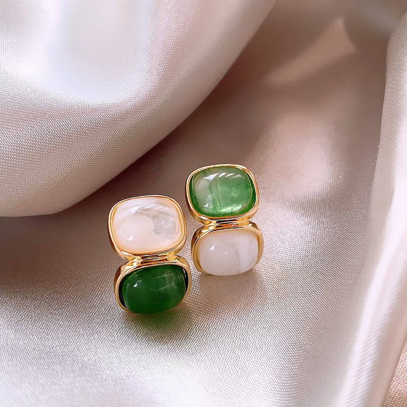 Elegant Gold-Tone Earrings with White and Green Stones