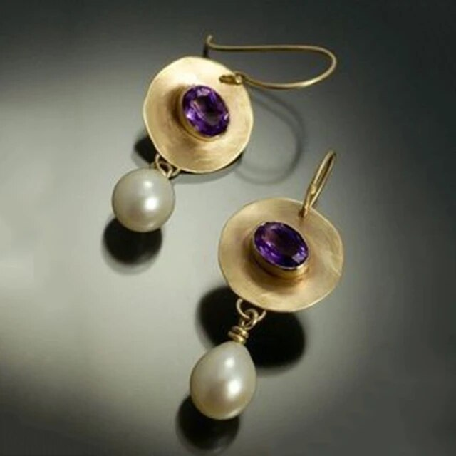 Vintage Gold-Tone Purple Earrings with Pearls