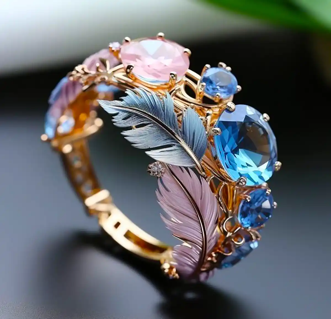 Vintage exotic crystal feather ring