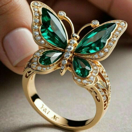 Green Crystal Butterfly Ring in Gold-Tone