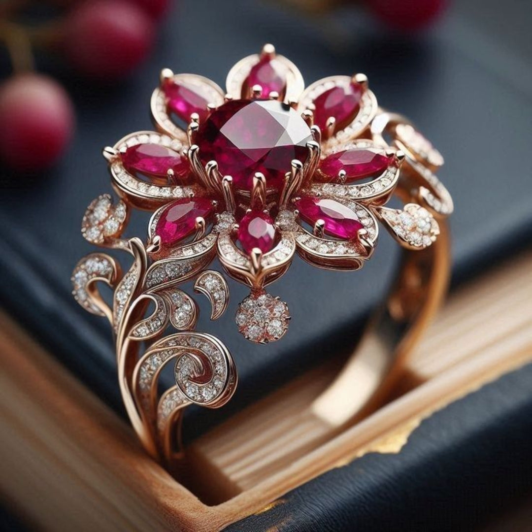 Exotic Gold-Tone Red Flower Ring