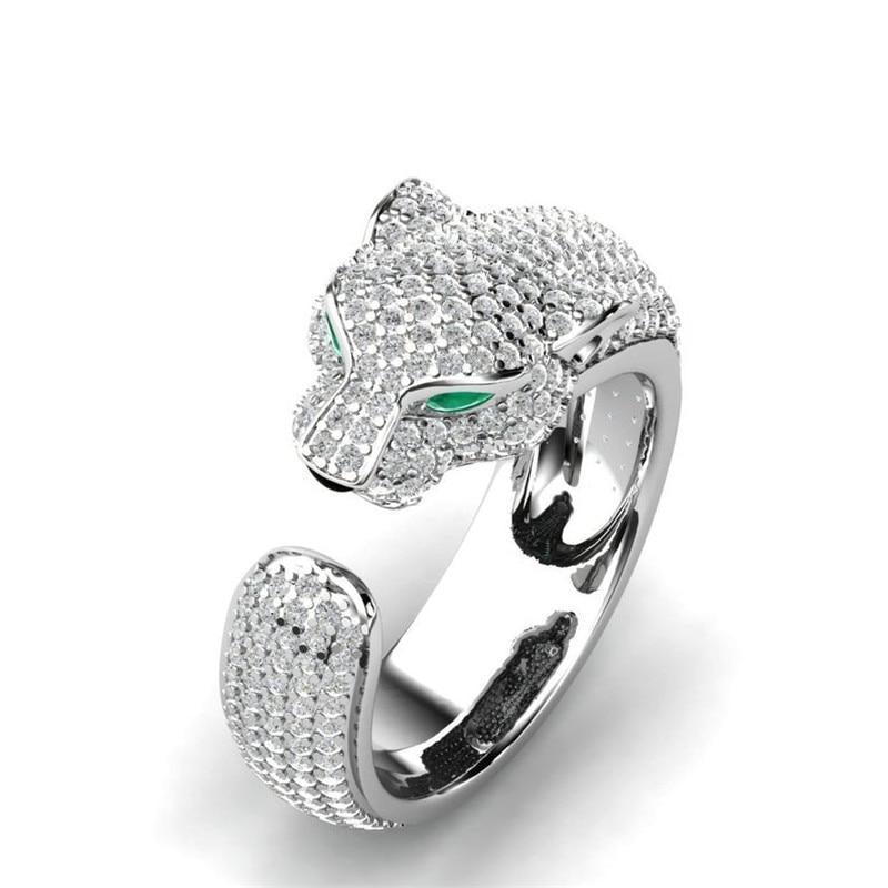 Adjustable Jaguar Ring in Silver and 18k Rose Gold-Tone with Green Zirconia Eyes