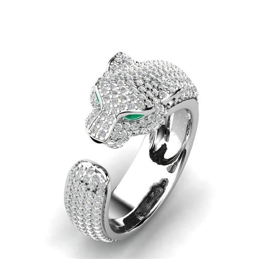 Adjustable Jaguar Ring in Silver and 18k Rose Gold-Tone with Green Zirconia Eyes